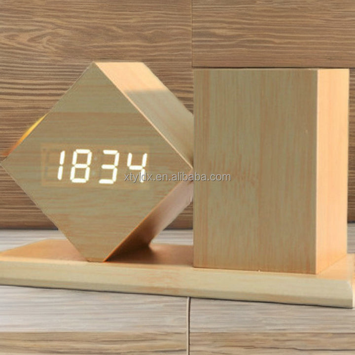 Multifunctional Wood Desk Organizer + LED Clock & Alarm