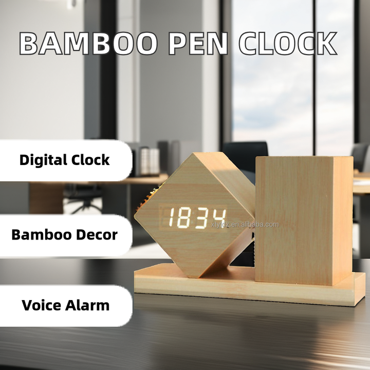 Multifunctional Wood Desk Organizer + LED Clock & Alarm