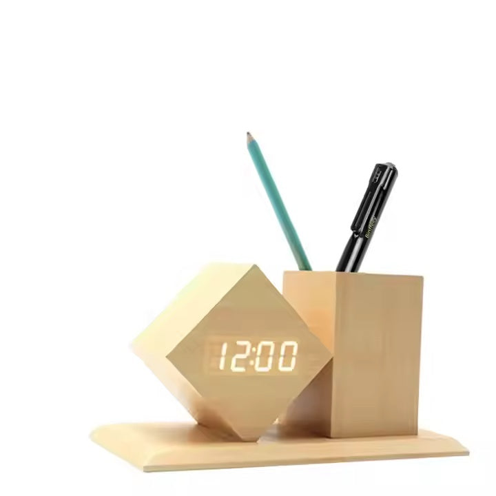 Multifunctional Wood Desk Organizer + LED Clock & Alarm