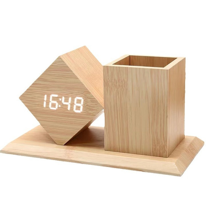 Multifunctional Wood Desk Organizer + LED Clock & Alarm