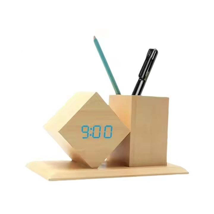Multifunctional Wood Desk Organizer + LED Clock & Alarm