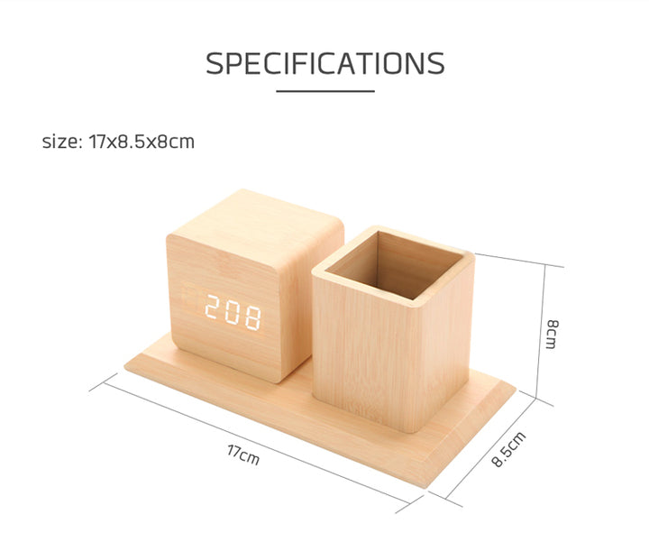 Wooden Desk Clock & Pen Stand – Bamboo Finish