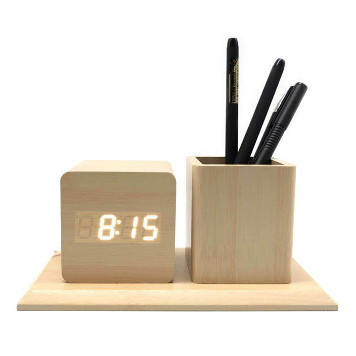 Wooden Desk Clock & Pen Stand – Bamboo Finish