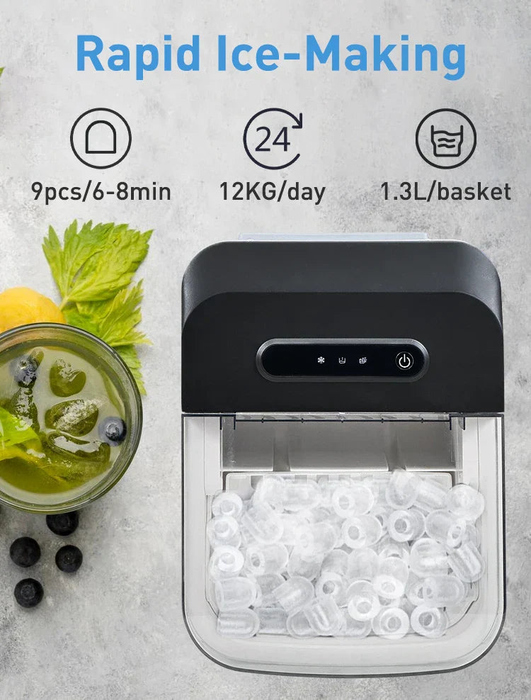Fast Bullet Ice Maker – 12 kg/24h, Auto Shut-Off & Transparent Lid