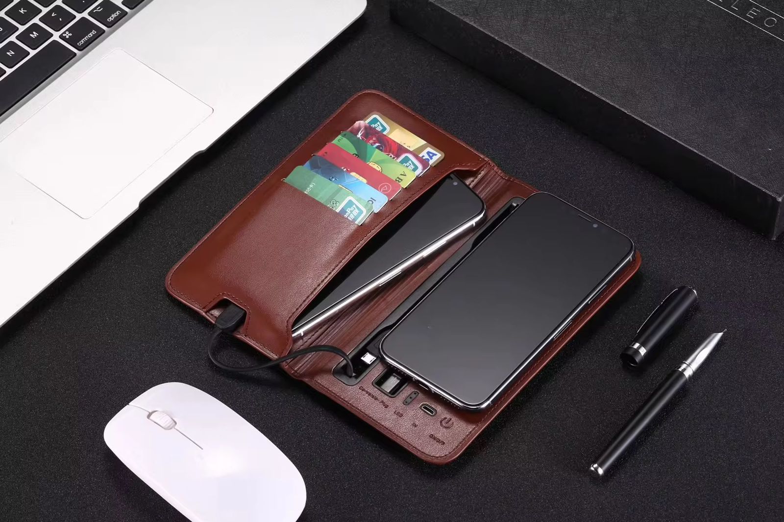 Wireless Charging Wallet 6800mah PU Leather Charge Smart Wallet Power Bank