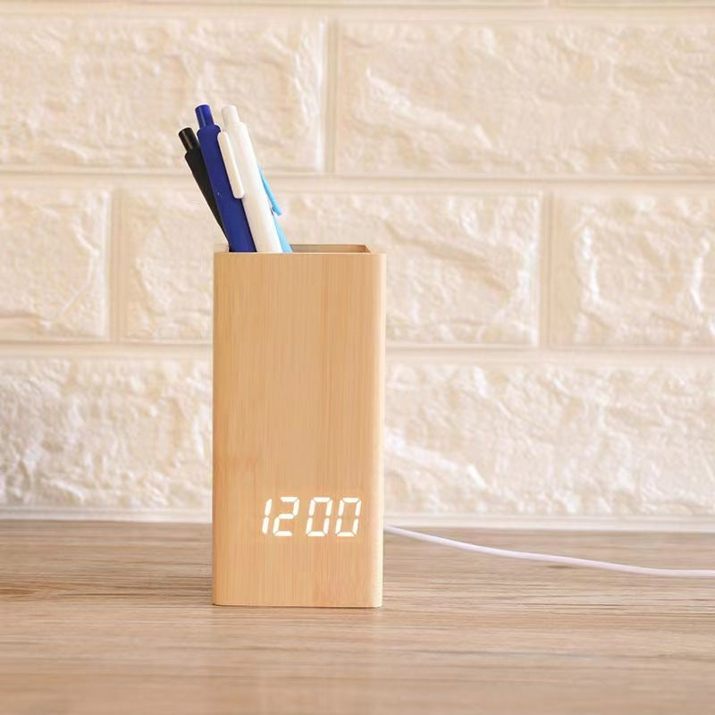 LED Desktop Clock & Pen Holder with Sound Control & Calendar